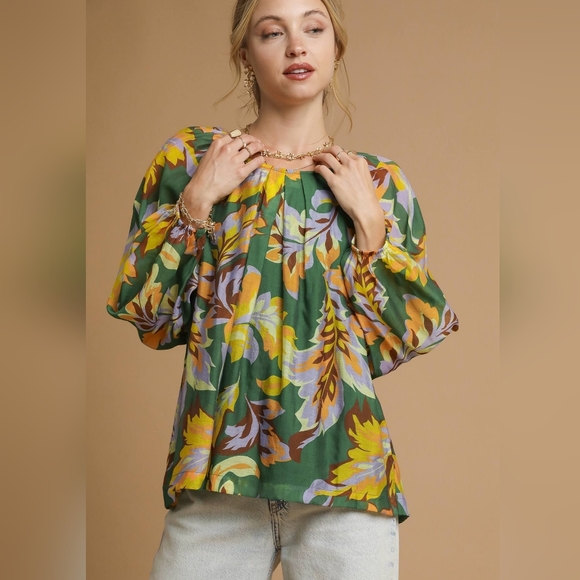 Umgee Tops - Umgee Retro Abstract Shirt Pleated 70s Round Neck Top Long Balloon Sleeve Blouse